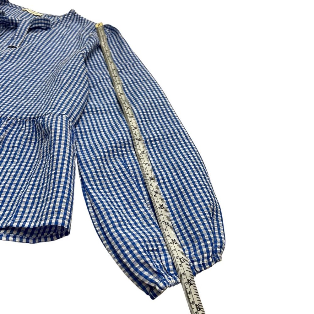 Gingham Tie Front Puff Sleeve Blouse Blue Size Small Cottagecore European Summer - Picture 10 of 10